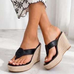 NWT Jack Rogers Black Leather Espadrille Wedge Sandals | Size 9.5